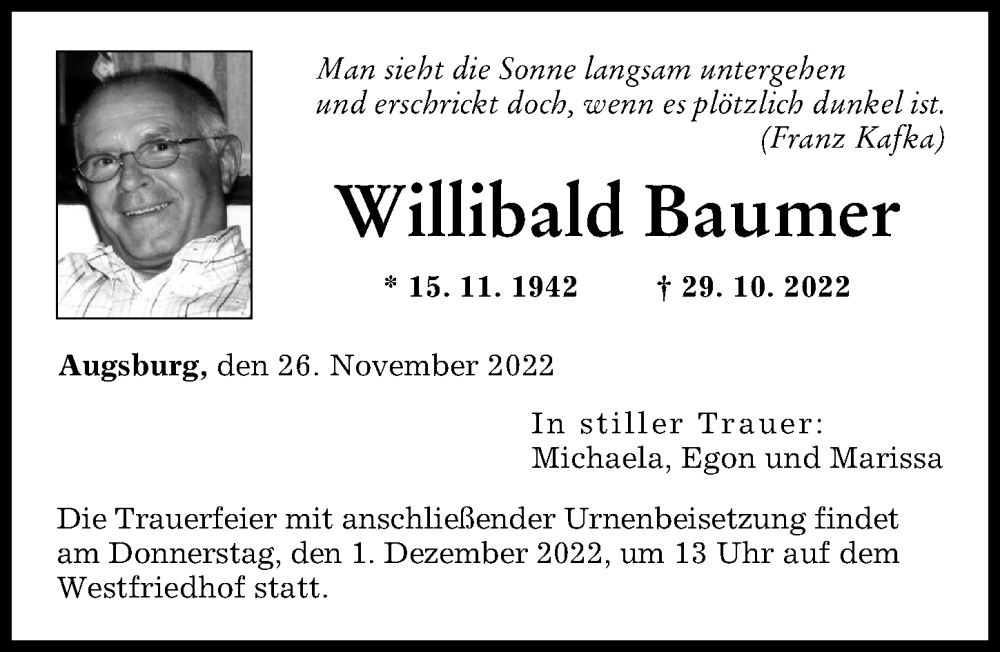  Traueranzeige für Willibald Baumer vom 26.11.2022 aus Augsburger Allgemeine