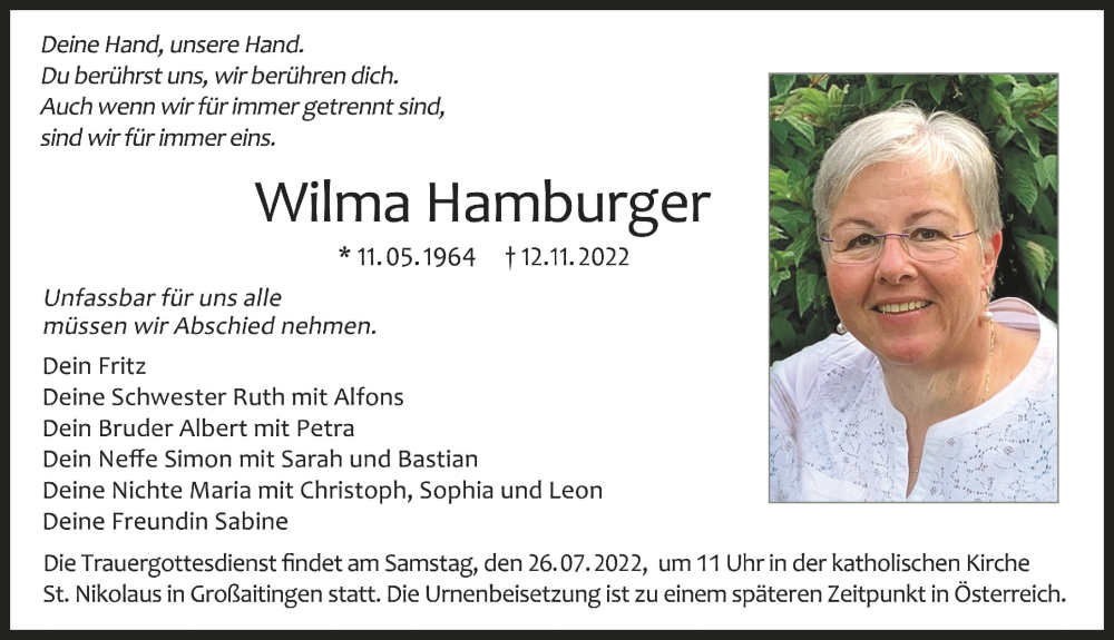 Traueranzeige für Wilma Hamburger vom 19.11.2022 aus Schwabmünchner Allgemeine