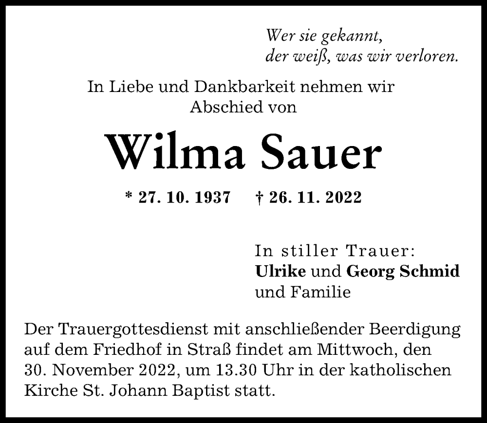 Traueranzeige von Wilma Sauer von Günzburger Zeitung, Neu-Ulmer Zeitung