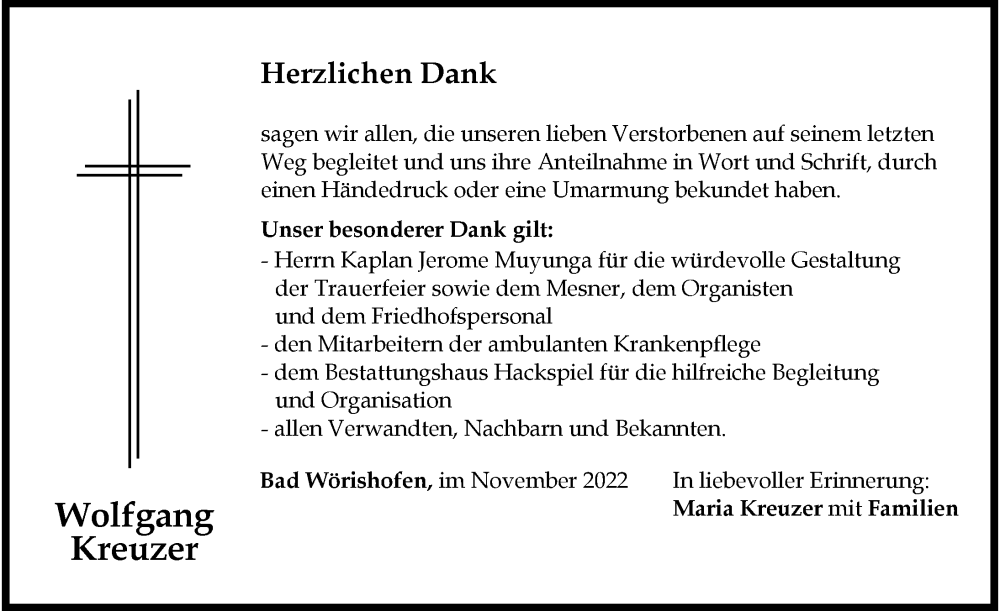 Traueranzeige von Wolfgang Kreuzer von Mindelheimer Zeitung