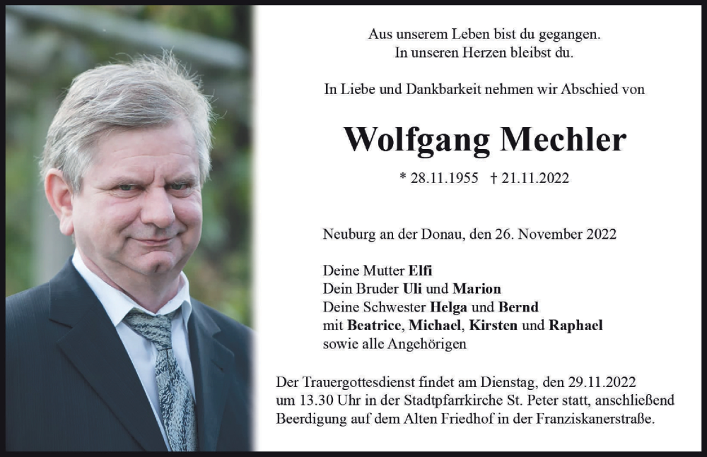  Traueranzeige für Wolfgang Mechler vom 26.11.2022 aus Neuburger Rundschau