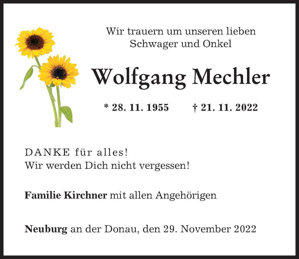  Traueranzeige für Wolfgang Mechler vom 29.11.2022 aus Neuburger Rundschau