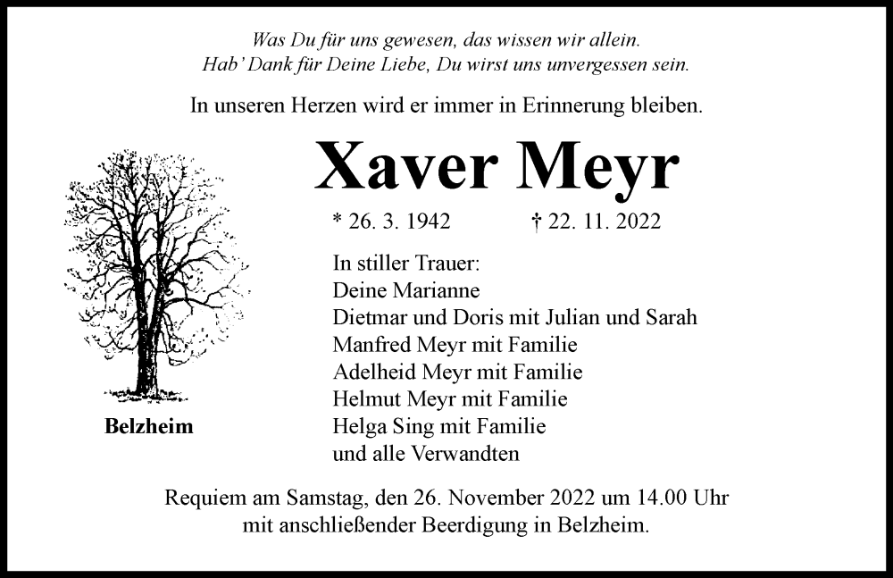  Traueranzeige für Xaver Meyr vom 24.11.2022 aus Rieser Nachrichten