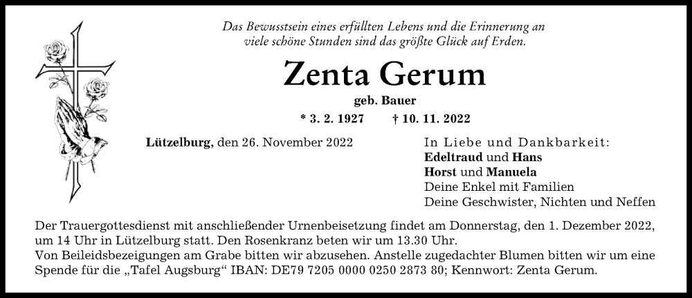  Traueranzeige für Zenta Gerum vom 26.11.2022 aus Augsburg-Land