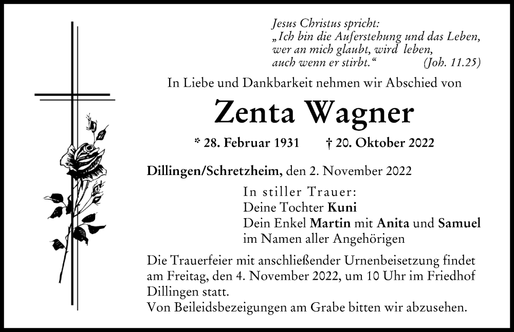 Traueranzeige von Zenta Wagner von Donau Zeitung