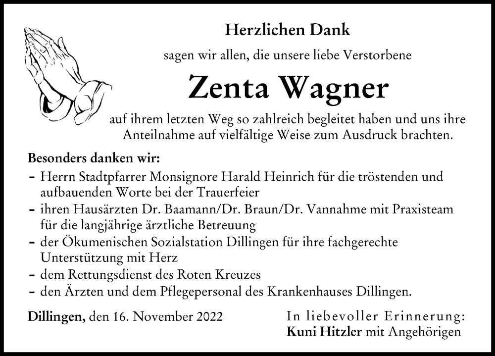 Traueranzeige von Zenta Wagner von Donau Zeitung