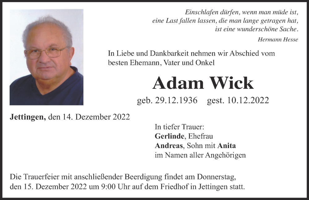 Traueranzeige von Adam Wick von Günzburger Zeitung