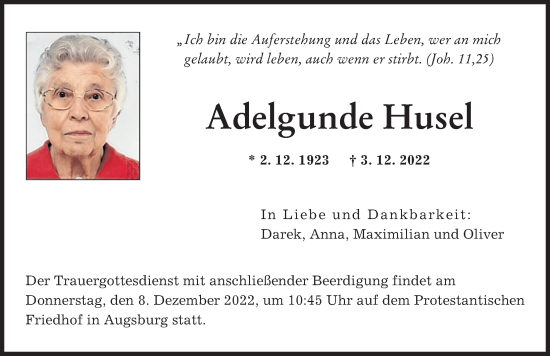 Traueranzeige von Adelgunde Husel von Augsburger Allgemeine