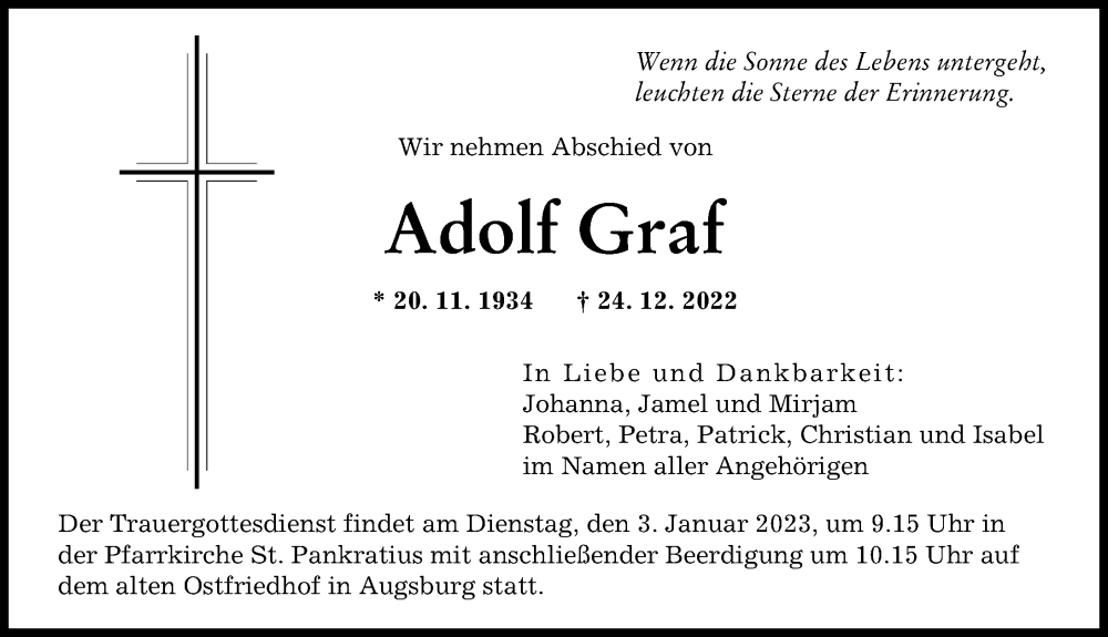  Traueranzeige für Adolf Graf vom 31.12.2022 aus Augsburger Allgemeine