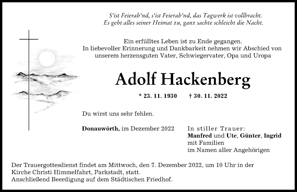Traueranzeige von Adolf Hackenberg von Donauwörther Zeitung