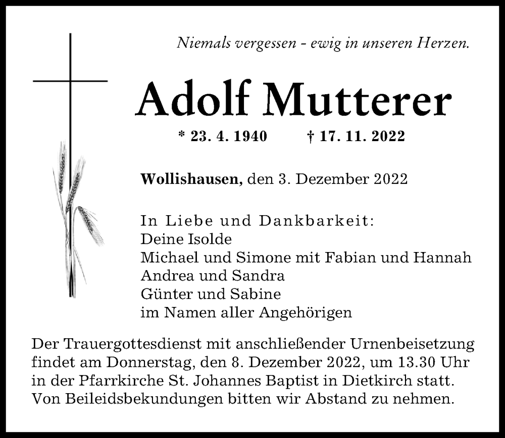  Traueranzeige für Adolf Mutterer vom 03.12.2022 aus Augsburger Allgemeine