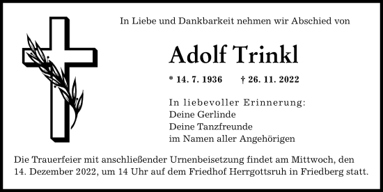 Traueranzeigen von Adolf Trinkl | Augsburger Allgemeine Zeitung