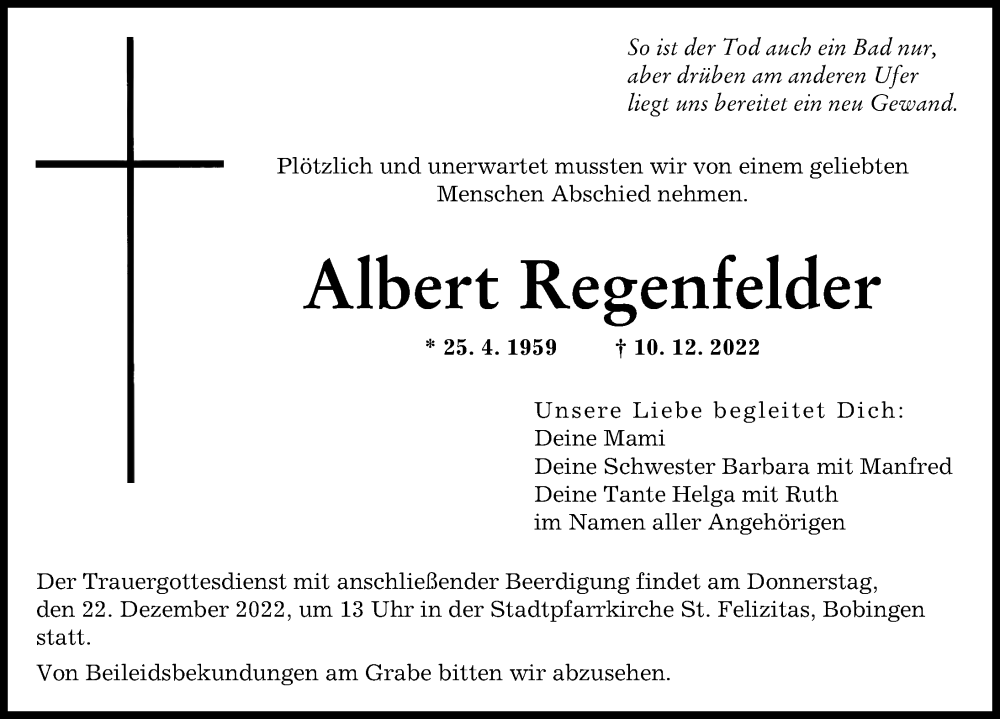  Traueranzeige für Albert Regenfelder vom 17.12.2022 aus Augsburger Allgemeine