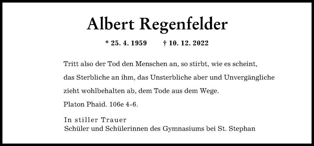  Traueranzeige für Albert Regenfelder vom 22.12.2022 aus Augsburger Allgemeine