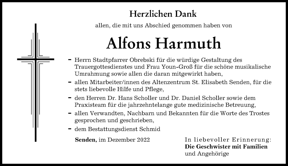  Traueranzeige für Alfons Harmuth vom 09.12.2022 aus Neu-Ulmer Zeitung