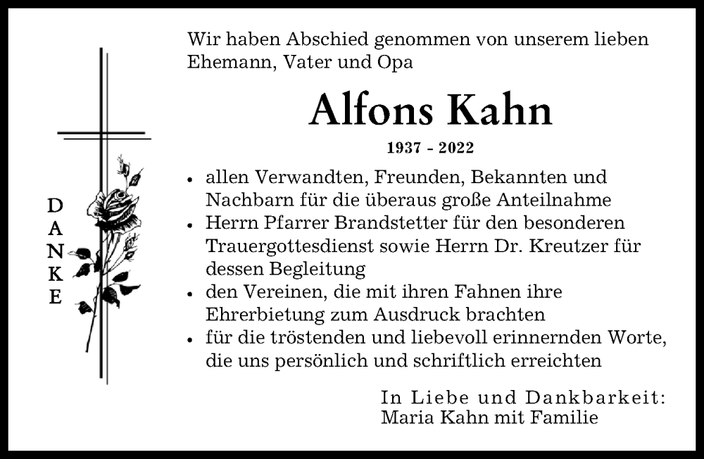  Traueranzeige für Alfons Kahn vom 14.12.2022 aus Friedberger Allgemeine
