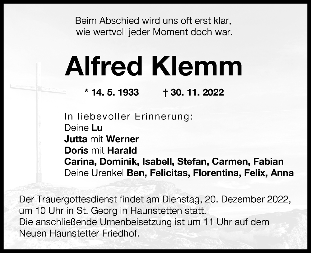 Traueranzeige von Alfred Klemm von Augsburger Allgemeine