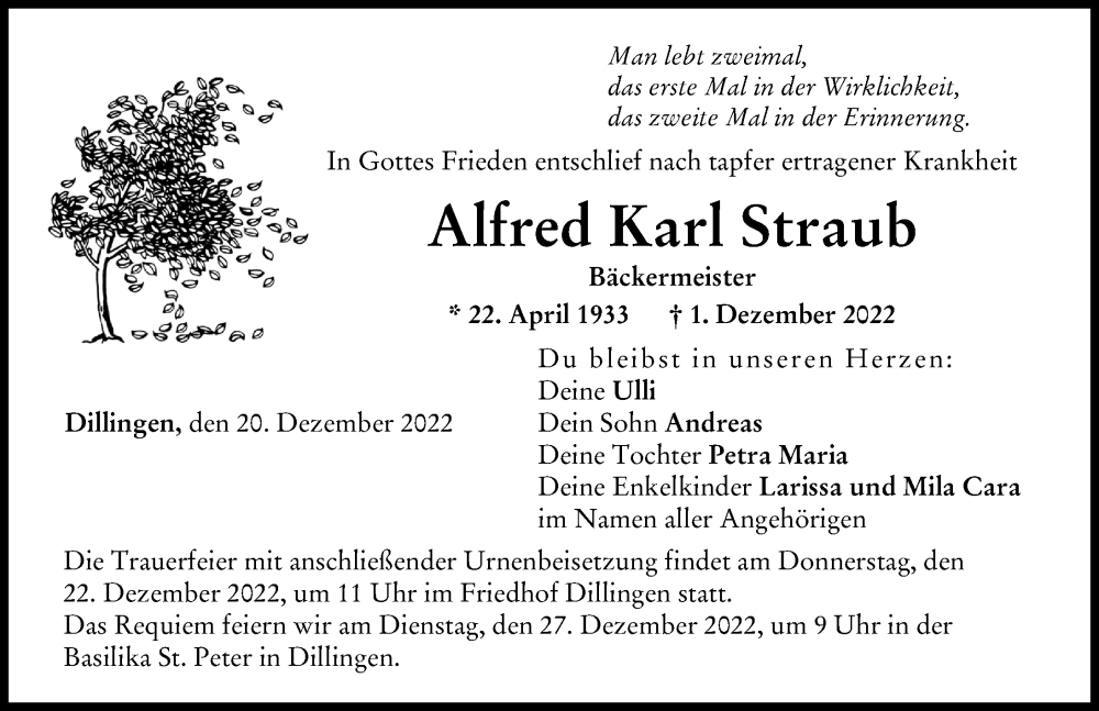 Traueranzeige von Alfred Karl Straub von Donau Zeitung