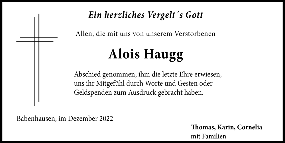  Traueranzeige für Alois Haugg vom 10.12.2022 aus Illertisser Zeitung