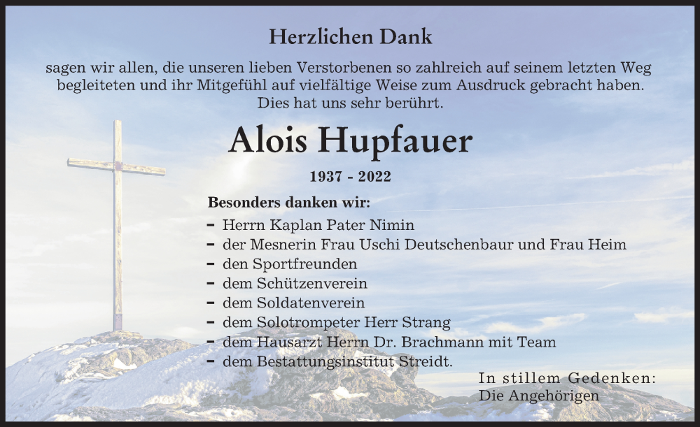  Traueranzeige für Alois Hupfauer vom 16.12.2022 aus Illertisser Zeitung
