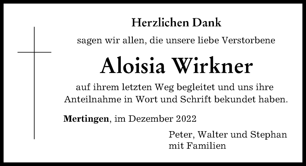  Traueranzeige für Aloisia Wirkner vom 07.12.2022 aus Donauwörther Zeitung