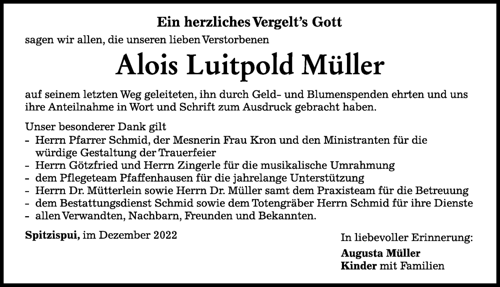  Traueranzeige für Alois Luitpold Müller vom 10.12.2022 aus Mindelheimer Zeitung