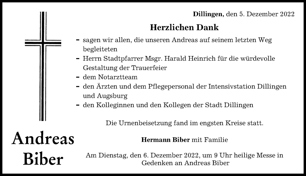  Traueranzeige für Andreas Biber vom 05.12.2022 aus Donau Zeitung