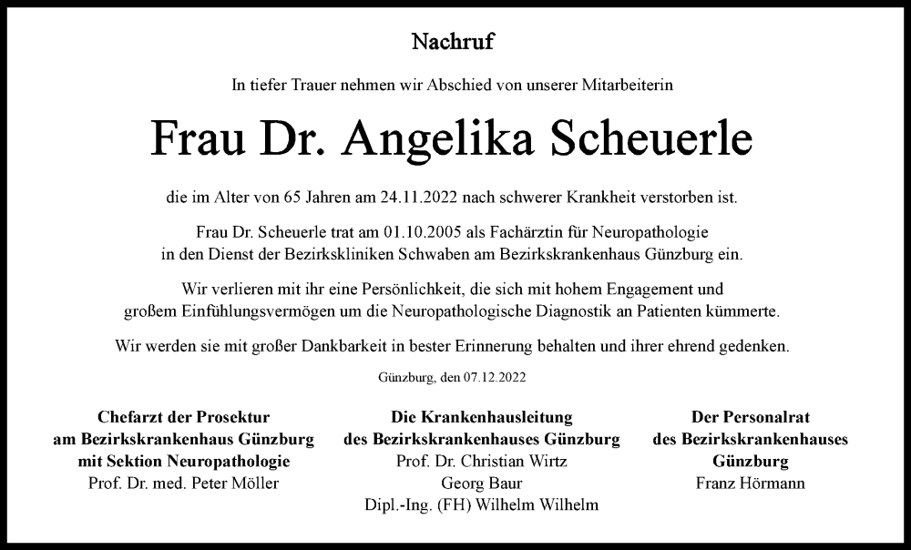  Traueranzeige für Angelika Scheuerle vom 07.12.2022 aus Günzburger Zeitung
