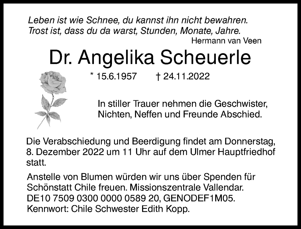  Traueranzeige für Angelika Scheuerle vom 03.12.2022 aus Günzburger Zeitung