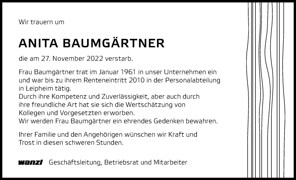 Traueranzeige von Anita Baumgärtner von Günzburger Zeitung