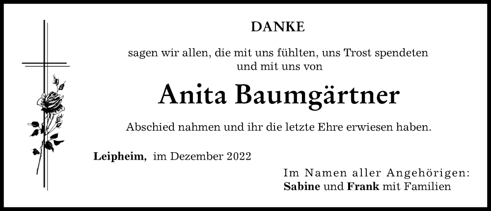 Traueranzeige von Anita Baumgärtner von Günzburger Zeitung