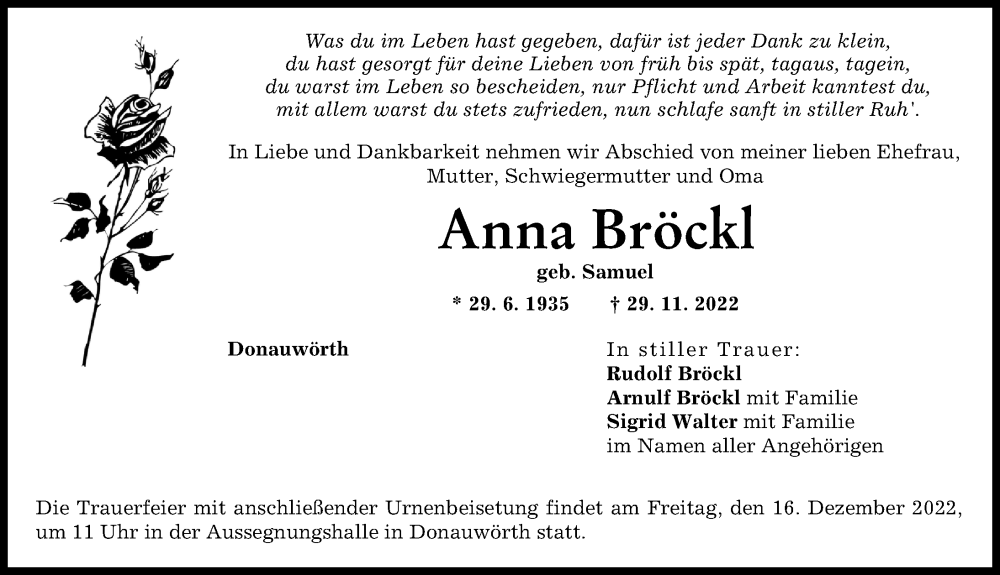 Traueranzeige von Anna Bröckl von Donauwörther Zeitung