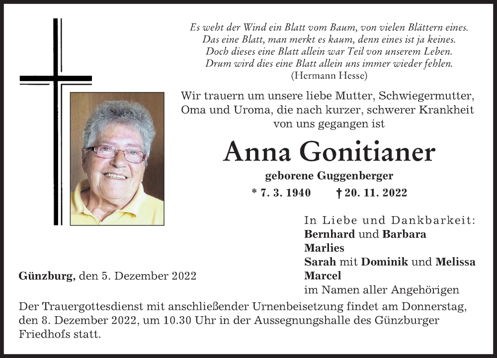  Traueranzeige für Anna Gonitianer vom 05.12.2022 aus Günzburger Zeitung