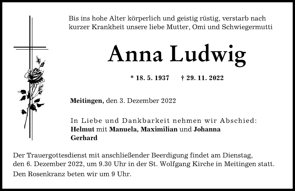 Traueranzeige von Anna Ludwig von Wertinger Zeitung, Augsburg-Land