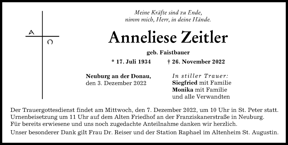  Traueranzeige für Anneliese Zeitler vom 03.12.2022 aus Neuburger Rundschau
