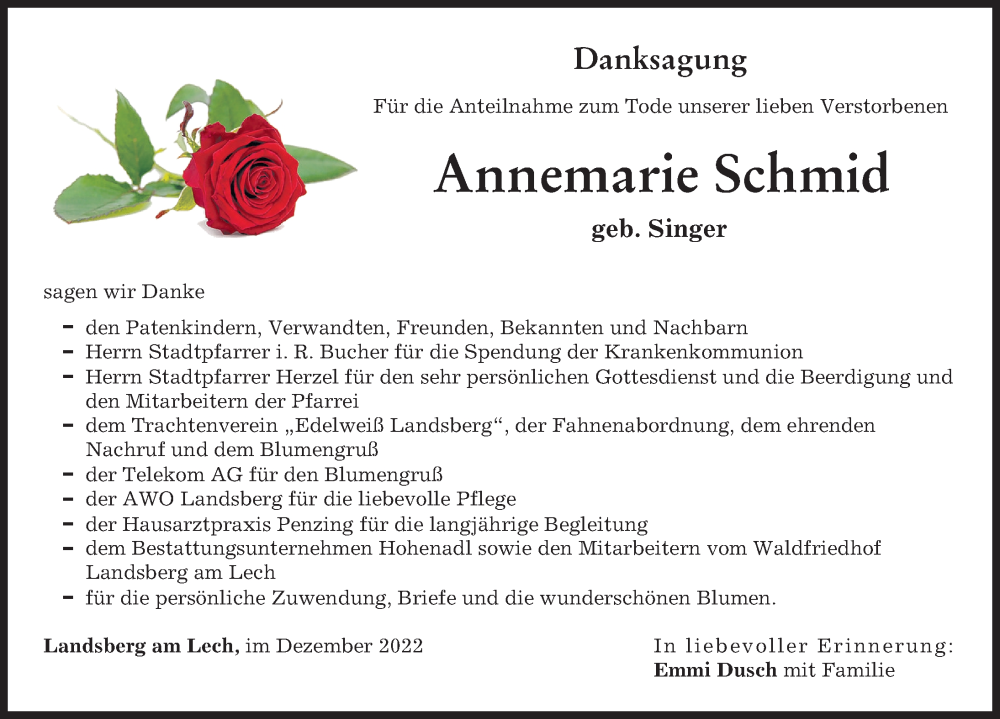  Traueranzeige für Annemarie Schmid vom 12.12.2022 aus Landsberger Tagblatt