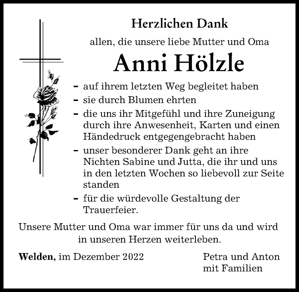  Traueranzeige für Anni Hölzle vom 17.12.2022 aus Augsburger Allgemeine