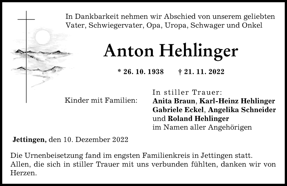 Traueranzeige von Anton Hehlinger von Günzburger Zeitung