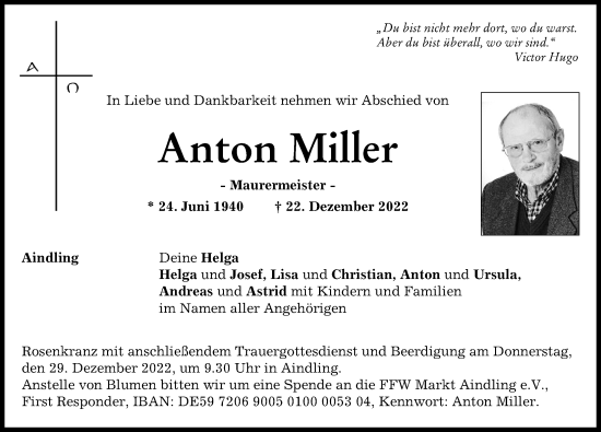 Traueranzeigen Von Anton Miller | Augsburger Allgemeine Zeitung