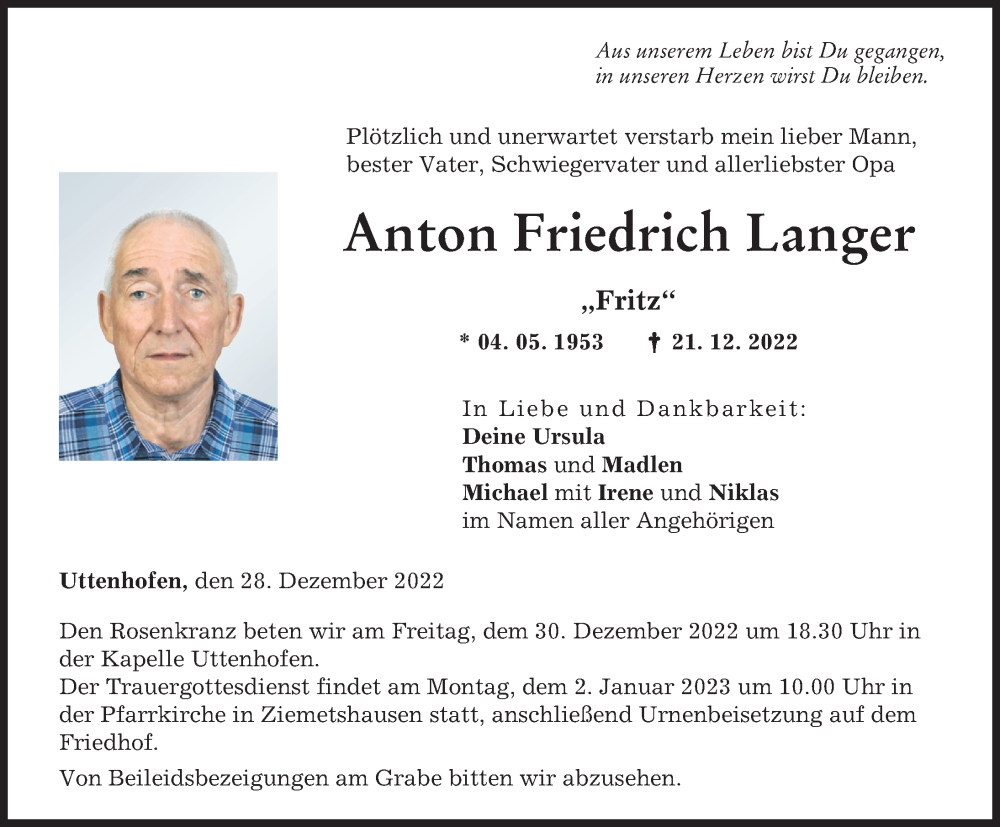  Traueranzeige für Anton Friedrich Langer vom 28.12.2022 aus Günzburger Zeitung, Mittelschwäbische Nachrichten
