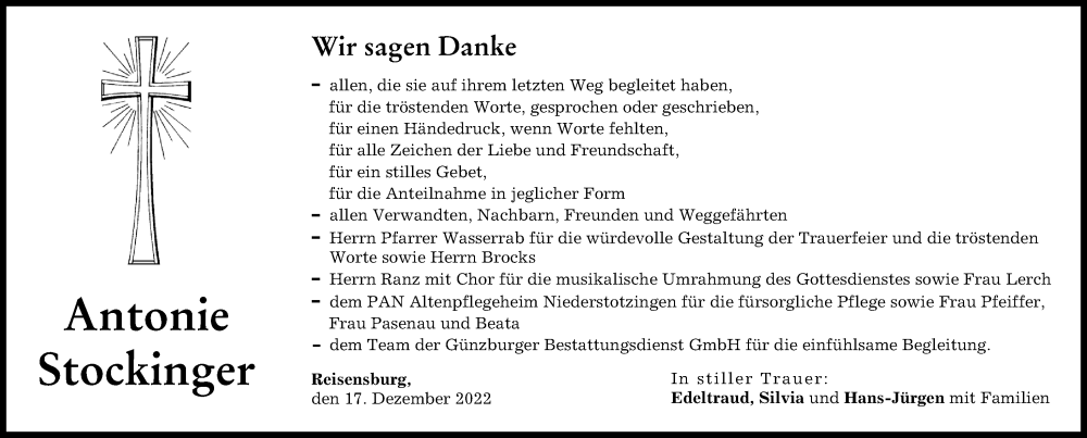  Traueranzeige für Antonie Stockinger vom 17.12.2022 aus Günzburger Zeitung