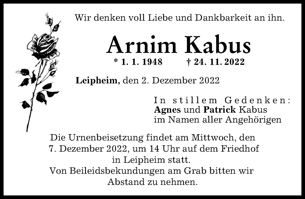  Traueranzeige für Arnim Kabus vom 02.12.2022 aus Günzburger Zeitung