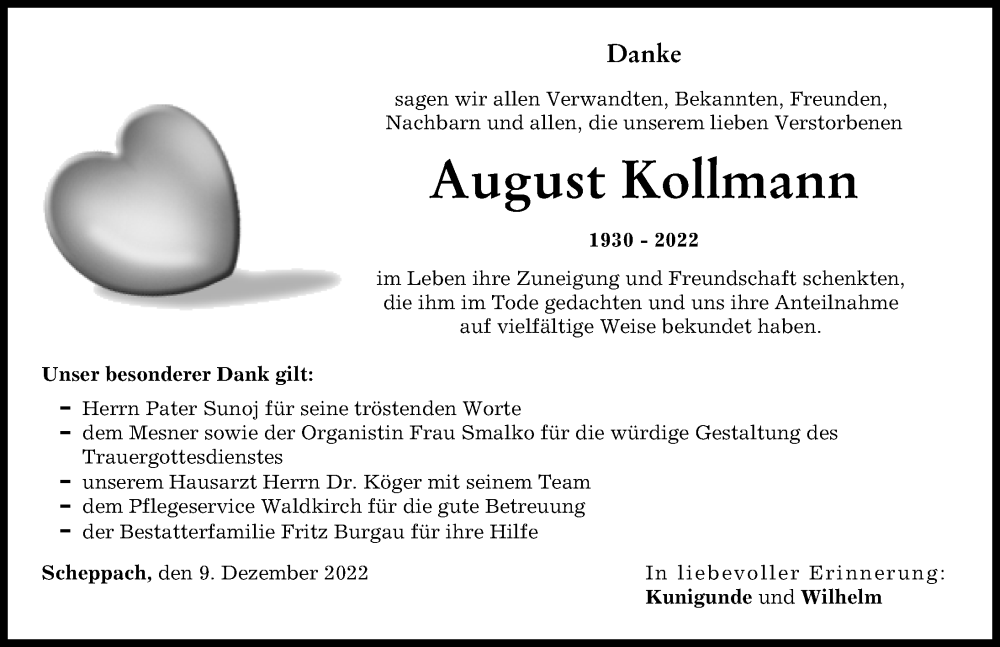  Traueranzeige für August Kollmann vom 09.12.2022 aus Günzburger Zeitung