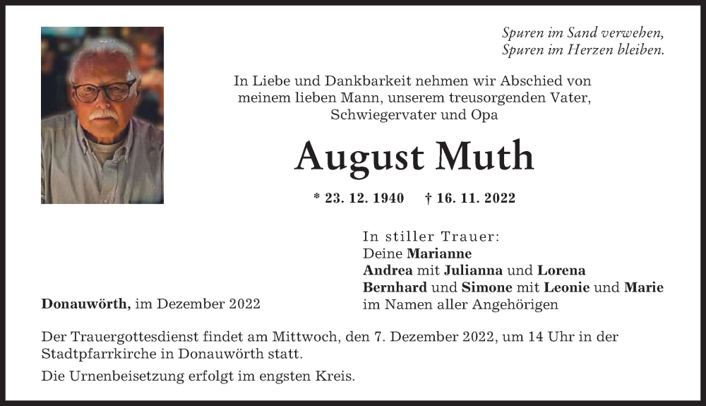 Traueranzeige von August Muth von Donauwörther Zeitung