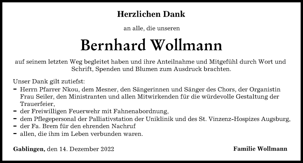  Traueranzeige für Bernhard Wollmann vom 14.12.2022 aus Augsburger Allgemeine