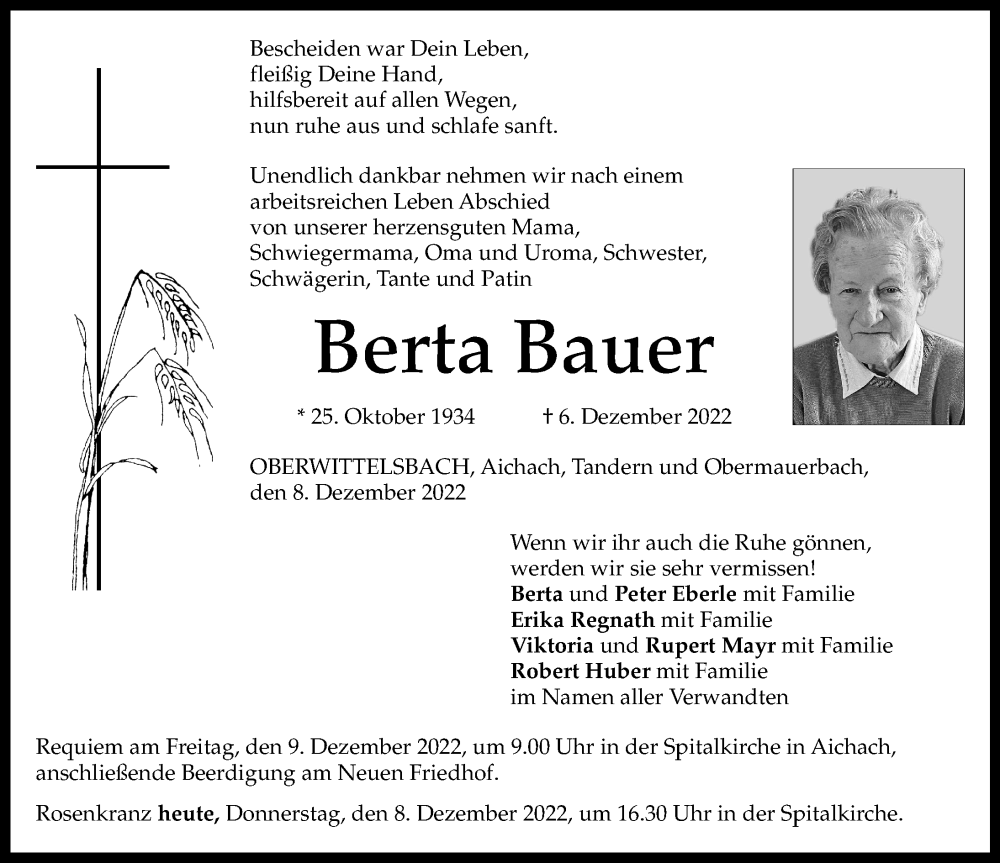 Traueranzeigen Von Berta Bauer | Augsburger Allgemeine Zeitung