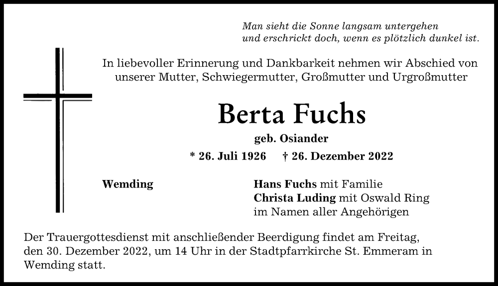 Traueranzeige von Berta Fuchs von Donauwörther Zeitung