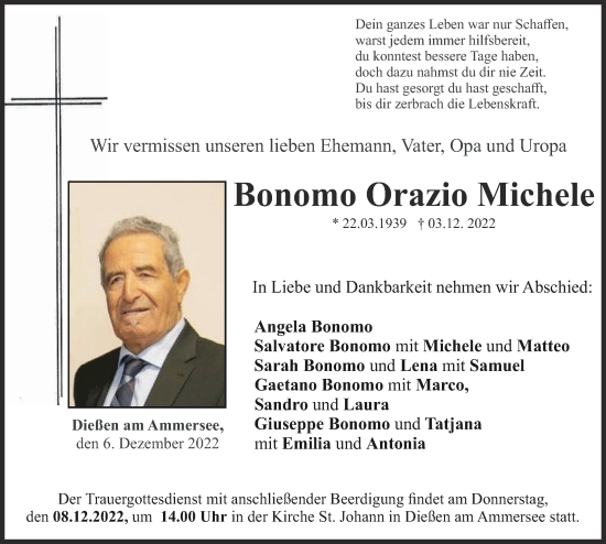 Traueranzeige von Bonomo Orazio Michele von Ammersee Kurier