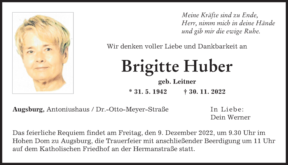 Traueranzeige von Brigitte Huber von Augsburger Allgemeine
