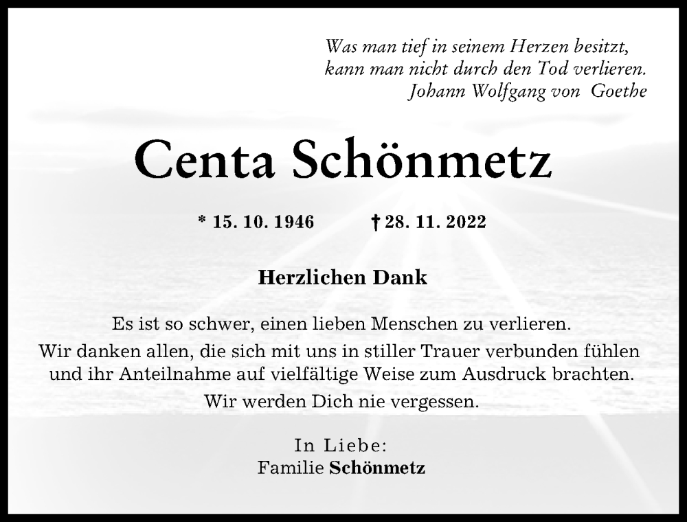  Traueranzeige für Centa Schönmetz vom 10.12.2022 aus Schwabmünchner Allgemeine